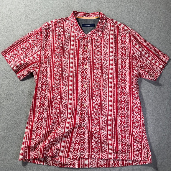 Tommy Bahama Shirt Men XXL Tall Seersucker Red Tribal Hawaiian Button Front - Picture 1 of 9